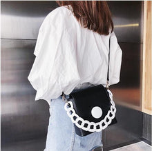 black bag clutch bag sling bag white strap edgability model view