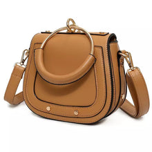 tan studded bag with hoop edgability angle view
