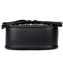 studded black bag with tassels bottom view edgability