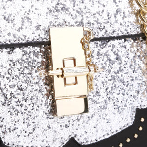 silver sparkle black bag chain strap edgability detail view
