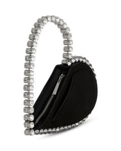 heart shape clutch black bag with diamond rhinestones handle angle view