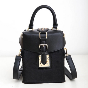 fur box bag in black sling bag edgability front view