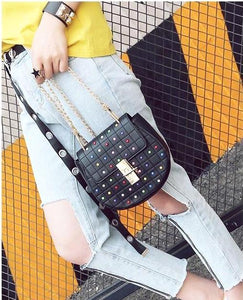 multicoloured studded bag black bag edgability model view