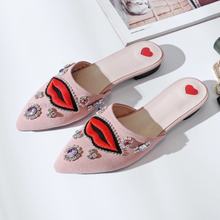 pink flats with red lips and crystal stones top view edgability
