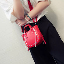 open red bucket bag silver studs model view edgability