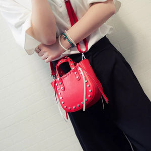 open red bucket bag silver studs model view edgability