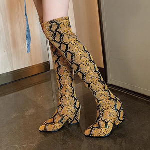 tan brown knee high snakeskin boots edgability side view