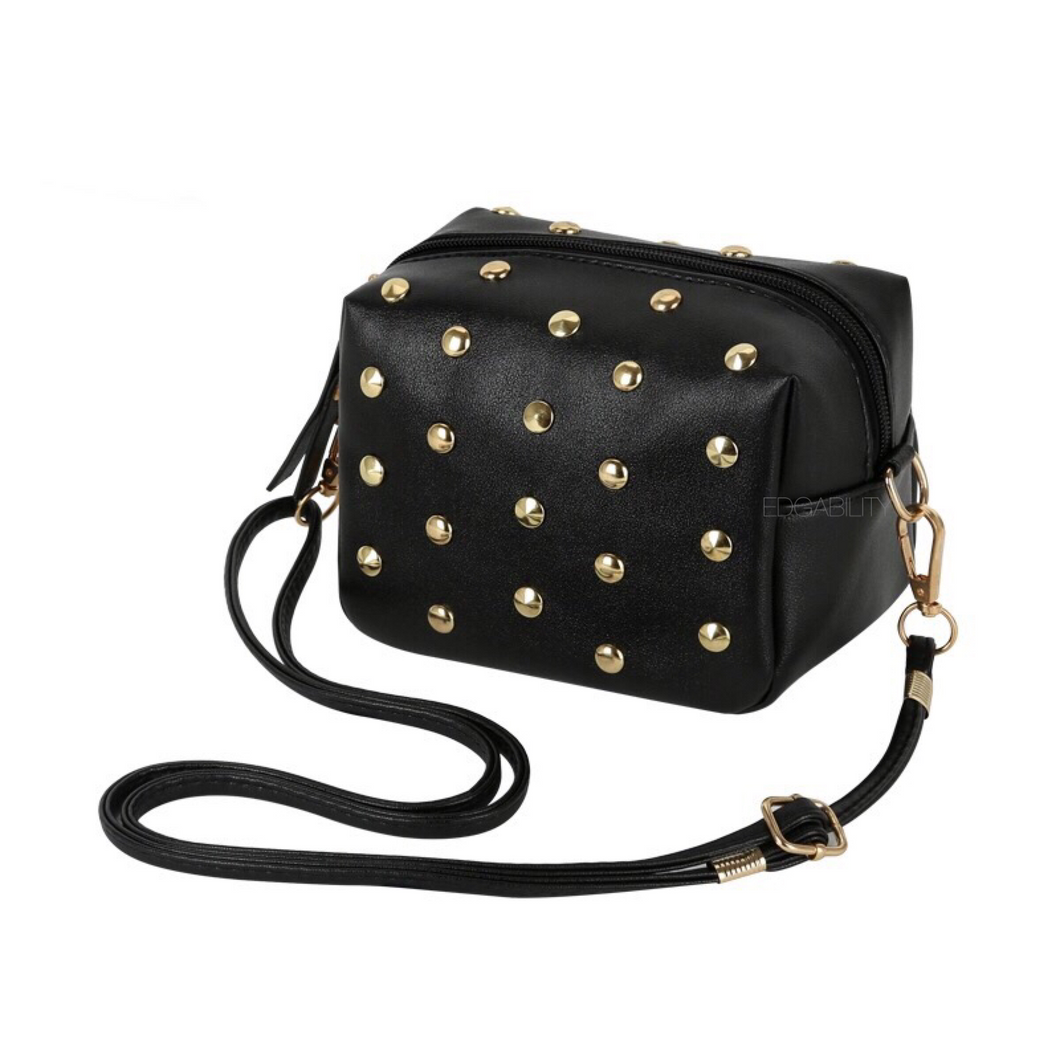 gold toned studs on crossbody bag angle view edgability