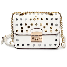 gold silver studded bag white bag edgability front view