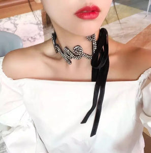 trendy black silver crystal cursive choker edgability model veiw