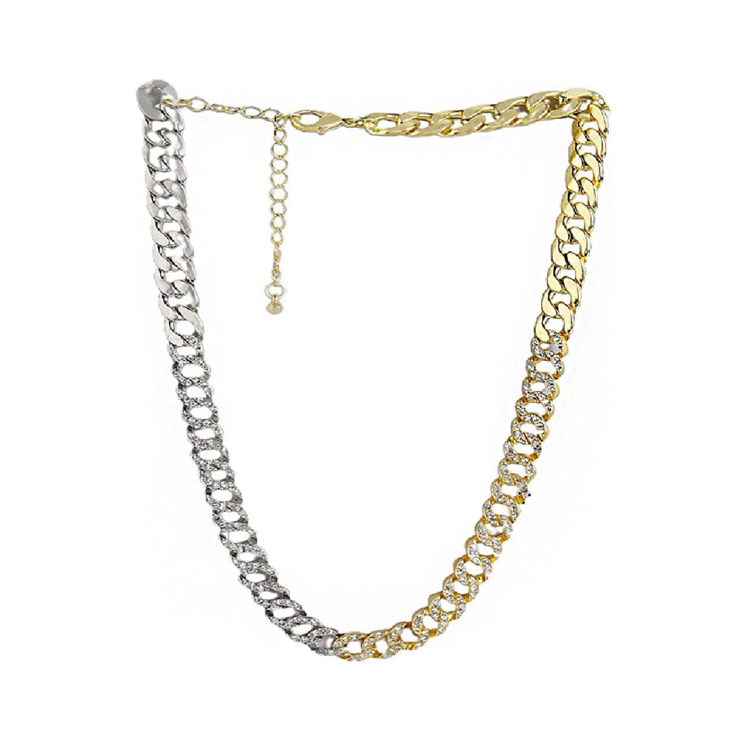 dual toned gold silver crystal studded chains links necklace