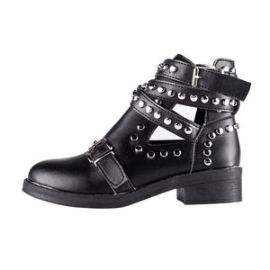 studded black ankle boots with buckles edgability side view