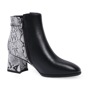 black boots ankle boots snakeskin boots with block heels edgability front view