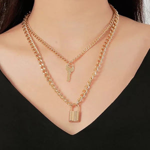 lock and key gold chains layered necklace trendy neckpiece edgability model view
