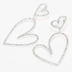 crystal studded heart shaped statement earrings top view