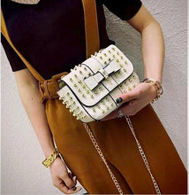 white party bag studded bag edgability model view