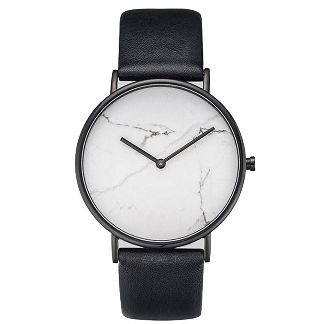 white marble print black strap watch edgability