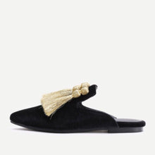 gold tassles on black mules side view edgability