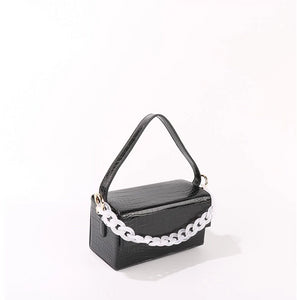 black croc skin clutch box bag with white chain edgability top view