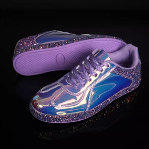 chrome metallic sneakers purple glitter trainers edgability angle view