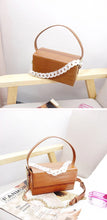 brown croc skin clutch box bag with chain strap edgability angle view