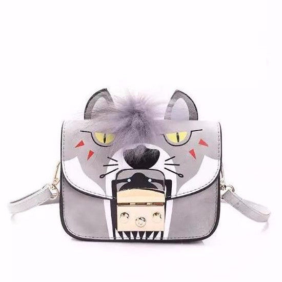 animated print grey hand bag with fur strip edgability