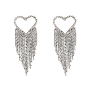 crystal studded heart shaped earrings with rhinestone tassels 