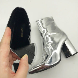 silver booties with block heel edgability detail view