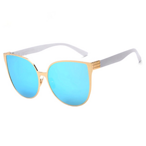 azure blue sunglasses with golden double frames angle view edgability