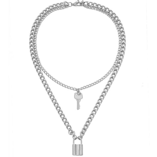 lock and key silver chains layered necklace trendy neckpiece edgability