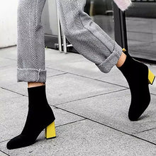 black boots ankle boots yellow heels edgability model view