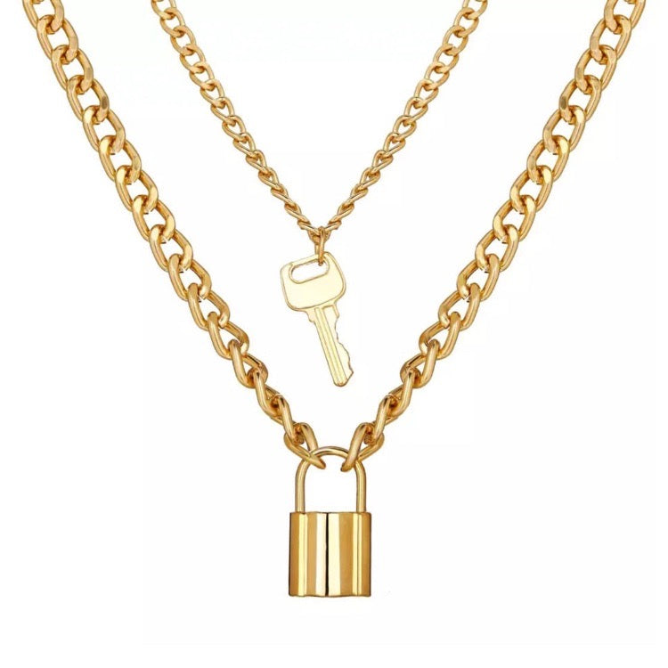 lock and key gold chains layered necklace trendy neckpiece edgability