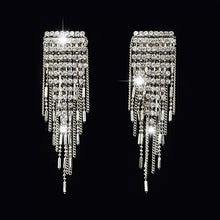 rhinestones crystals metallic silver long drop danglers earrings front view