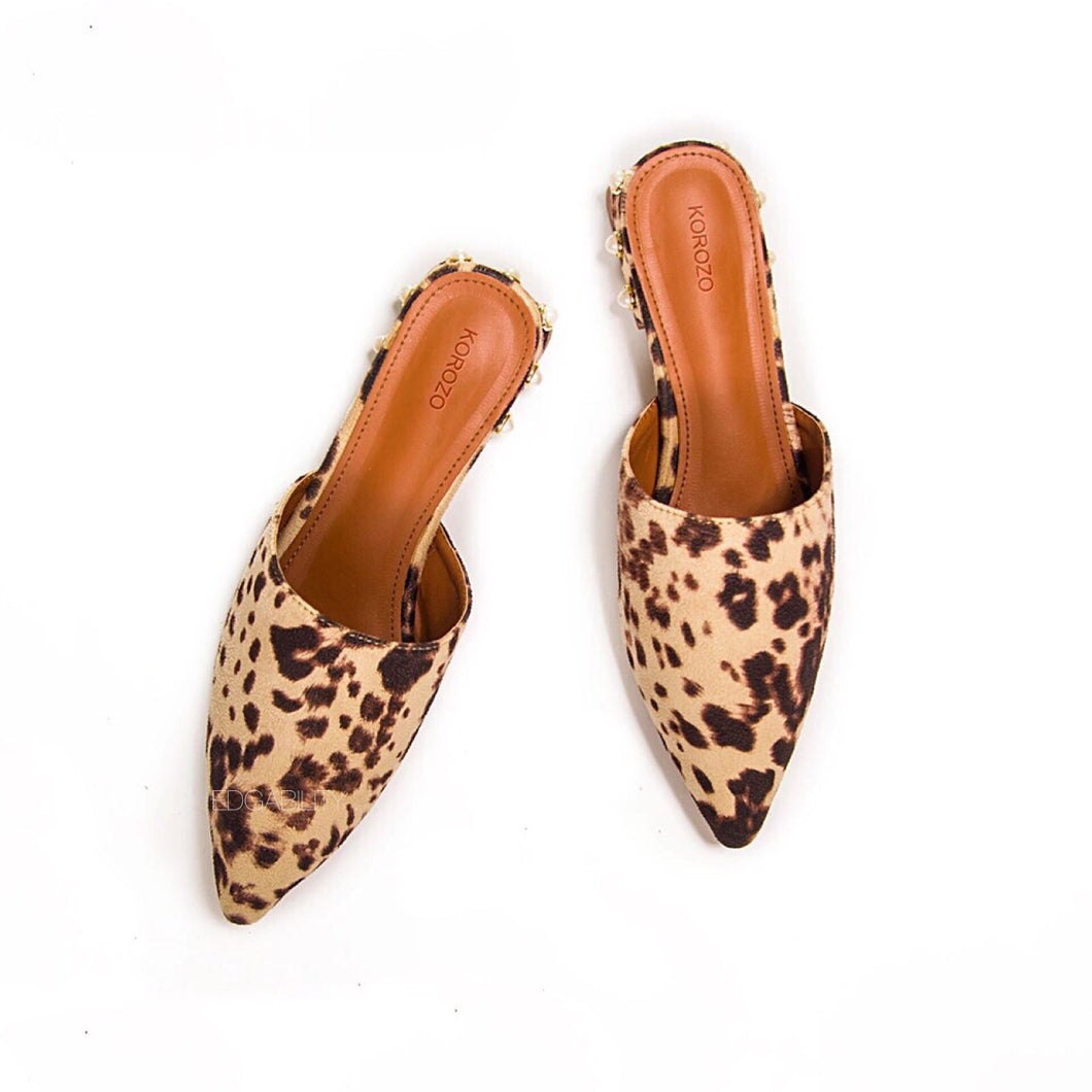 animal print faux fur mules with pearls edgability front view