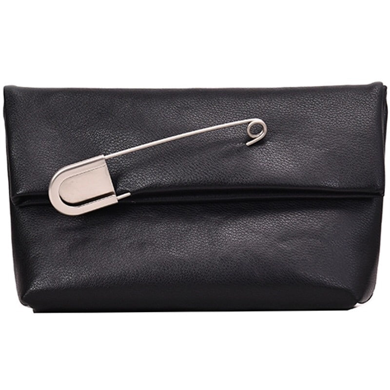 Versus Versace Foldover Black Leather Safety Pin Clutch Bag