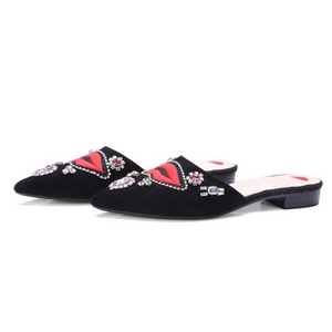 black flats with red lips and crystal stones side view edgability