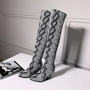 trendy knee high snakeskin grey boots with heels edgability full view