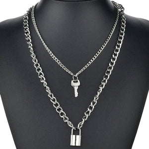 lock and key silver chains layered necklace trendy neckpiece edgability full view