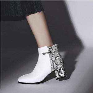 trendy boots ankle boots snakeskin boots with block heels edgability model view