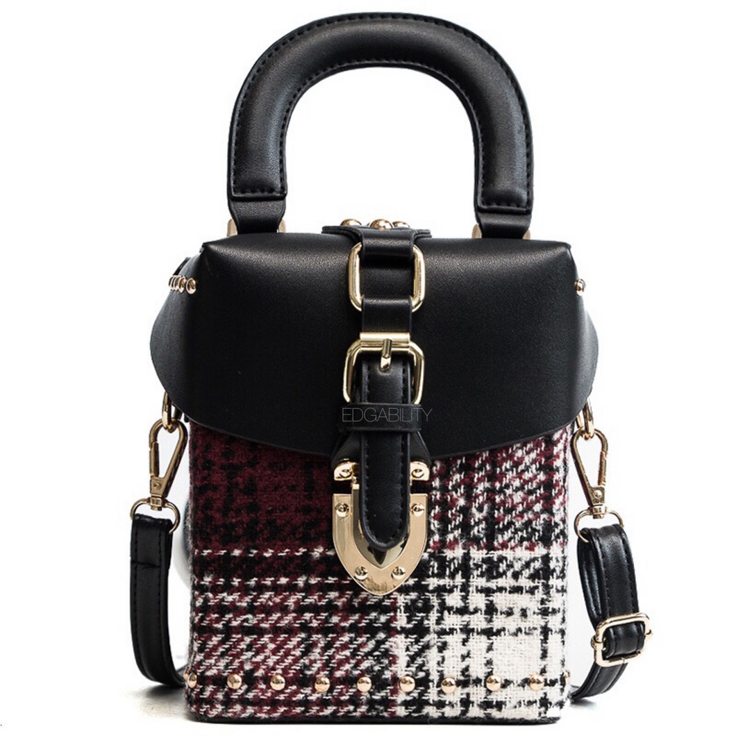black plaid bag studded bag box bag edgability front view