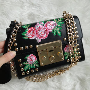 embroidered studded bag in black edgability model view