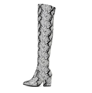 trendy knee high snakeskin grey boots with heels edgability side view