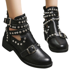 studded black ankle boots with buckles edgability model view